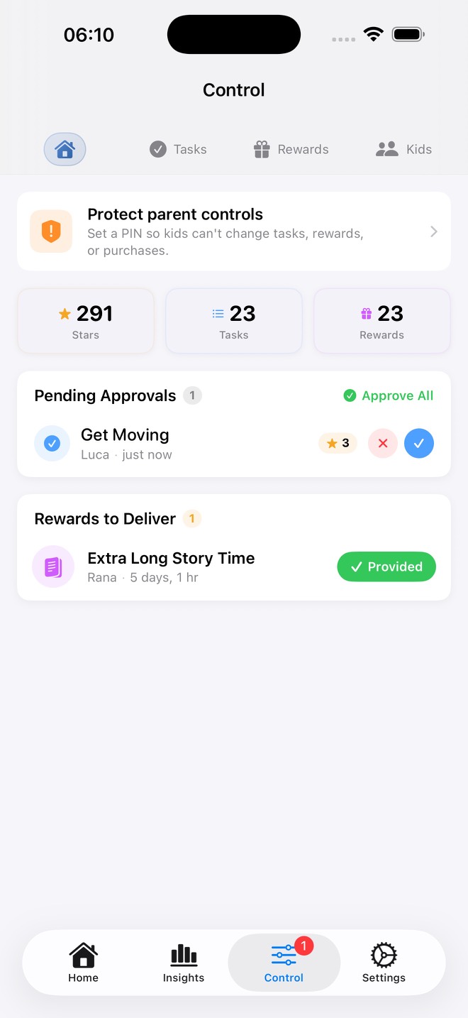 PIN-protected parent area with approvals and settings