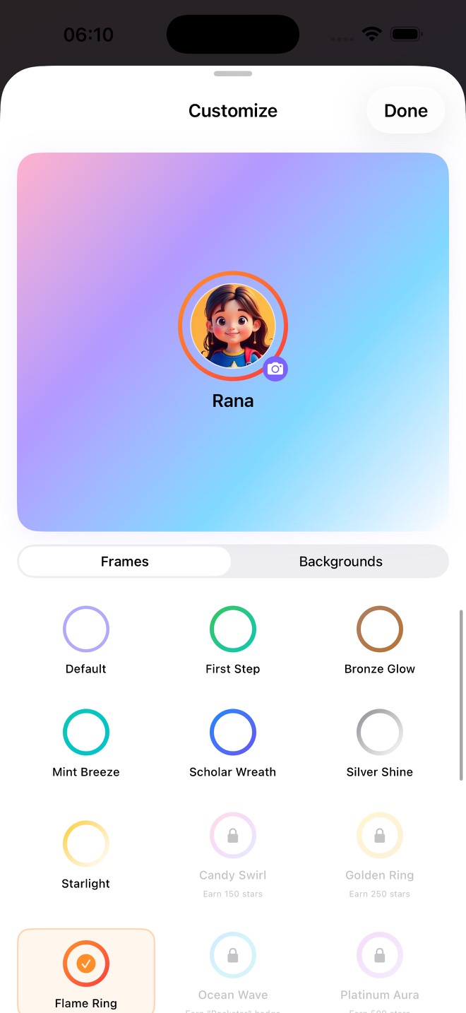 Selection of avatars, colours, and backgrounds in Sparkle