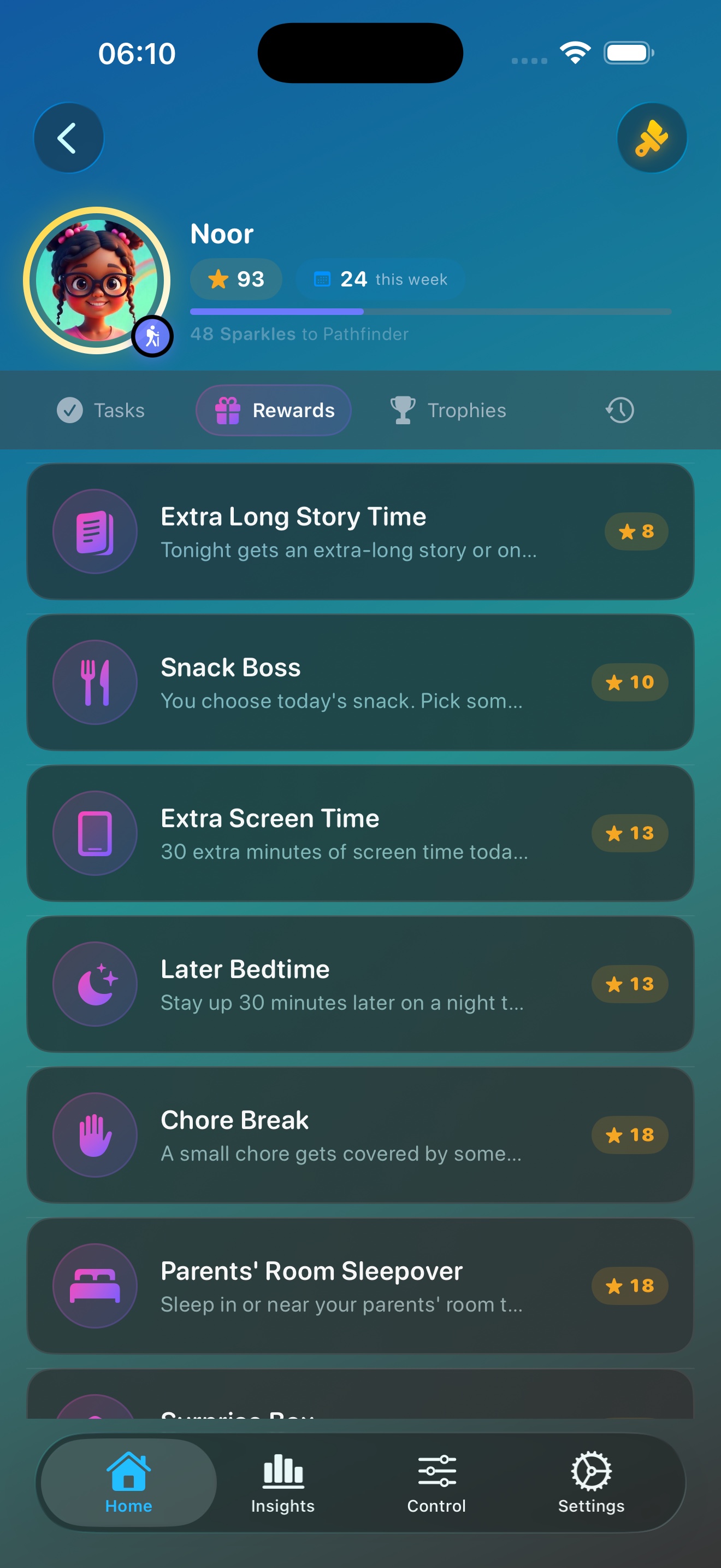 Belohnungsliste in der Sparkle-App mit Stern-Preisen für Kinder